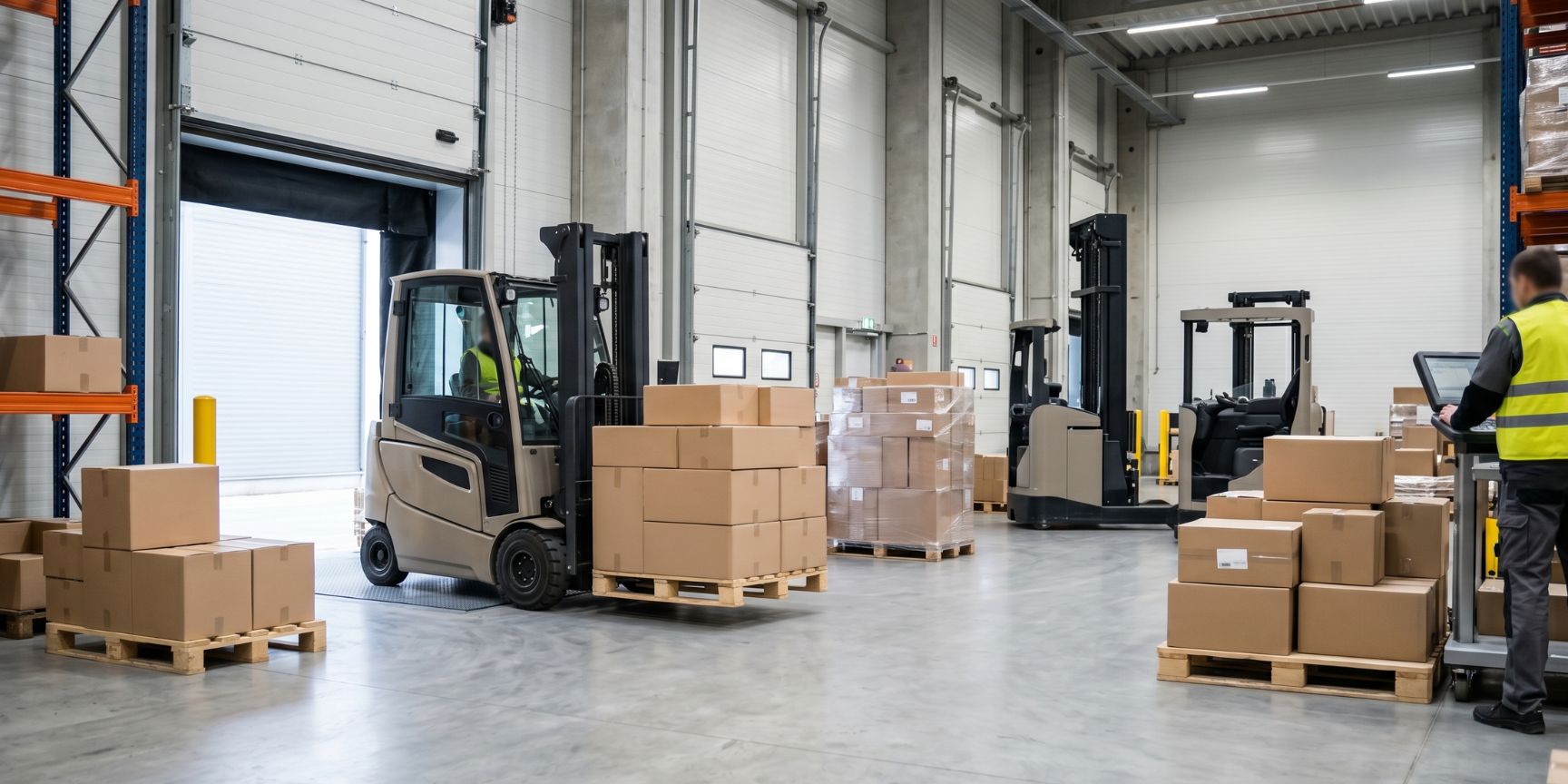 Interior view of a busy depot operation: Forklifts moving pallets in a cross-docking area, preparing for fine distribution